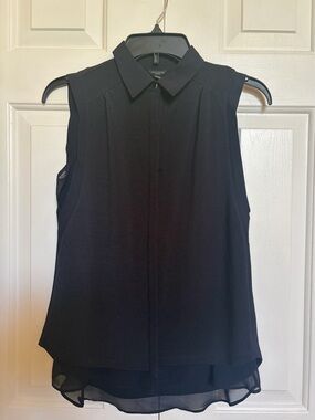 Ann Taylor Sleeveless Navy Collared Blouse with Layered Hem